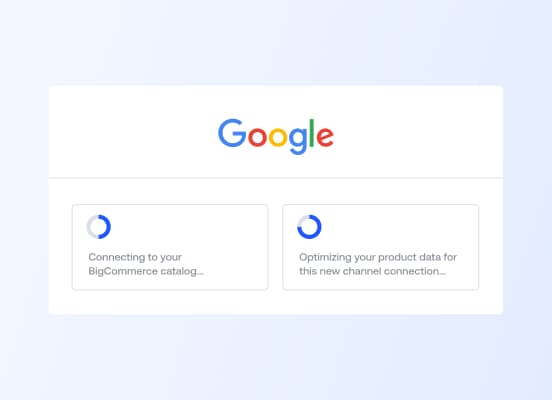 Et brukergrensesnitt som viser to lasteskjermer for tilkobling til en BigCommerce-katalog og optimalisering av produktdata for Google.