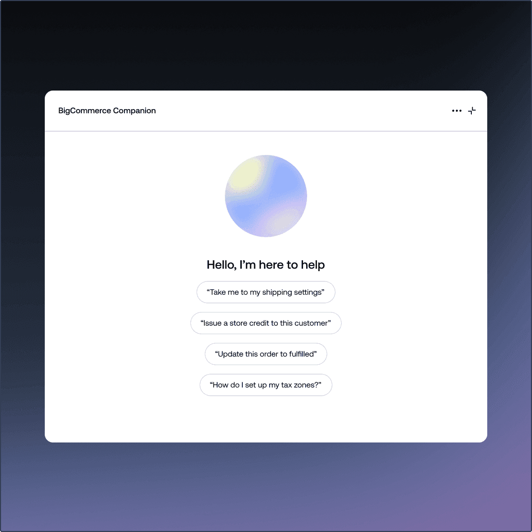 Grensesnitt for AI-assistenten BigCommerce Companion som viser ledetekstforslag på et modal-kort.