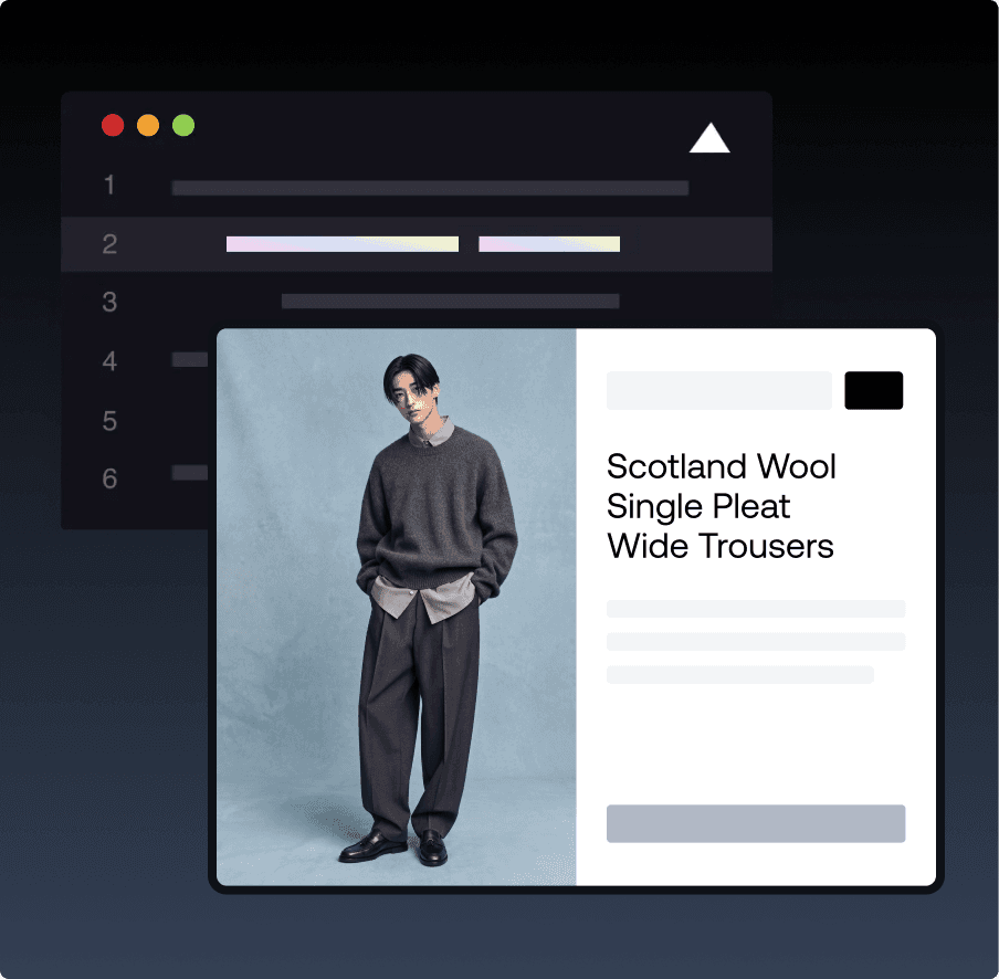 Nettgrensesnitt for e-handel med klær som viser produktkortet Scotland Wool Wide Trousers med bakgrunnskodeelementer