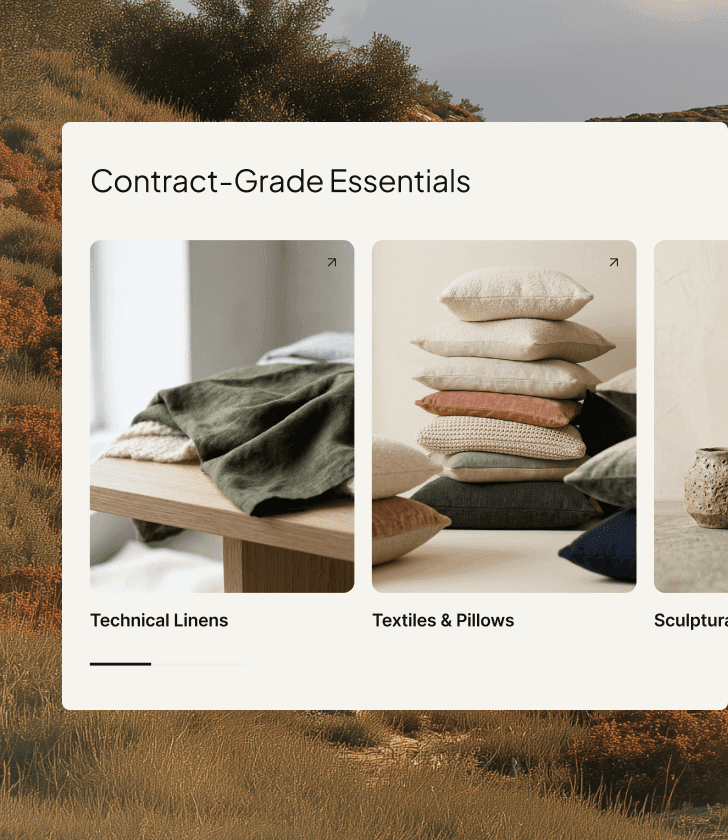 Kategorilayout for Contract-Grade Essentials som viser kort for teknisk sengetøy, tekstiler og puter.