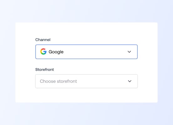 Et brukergrensesnitt som viser en rullegardinmeny for valg av netthandelskanal, med Google valgt.