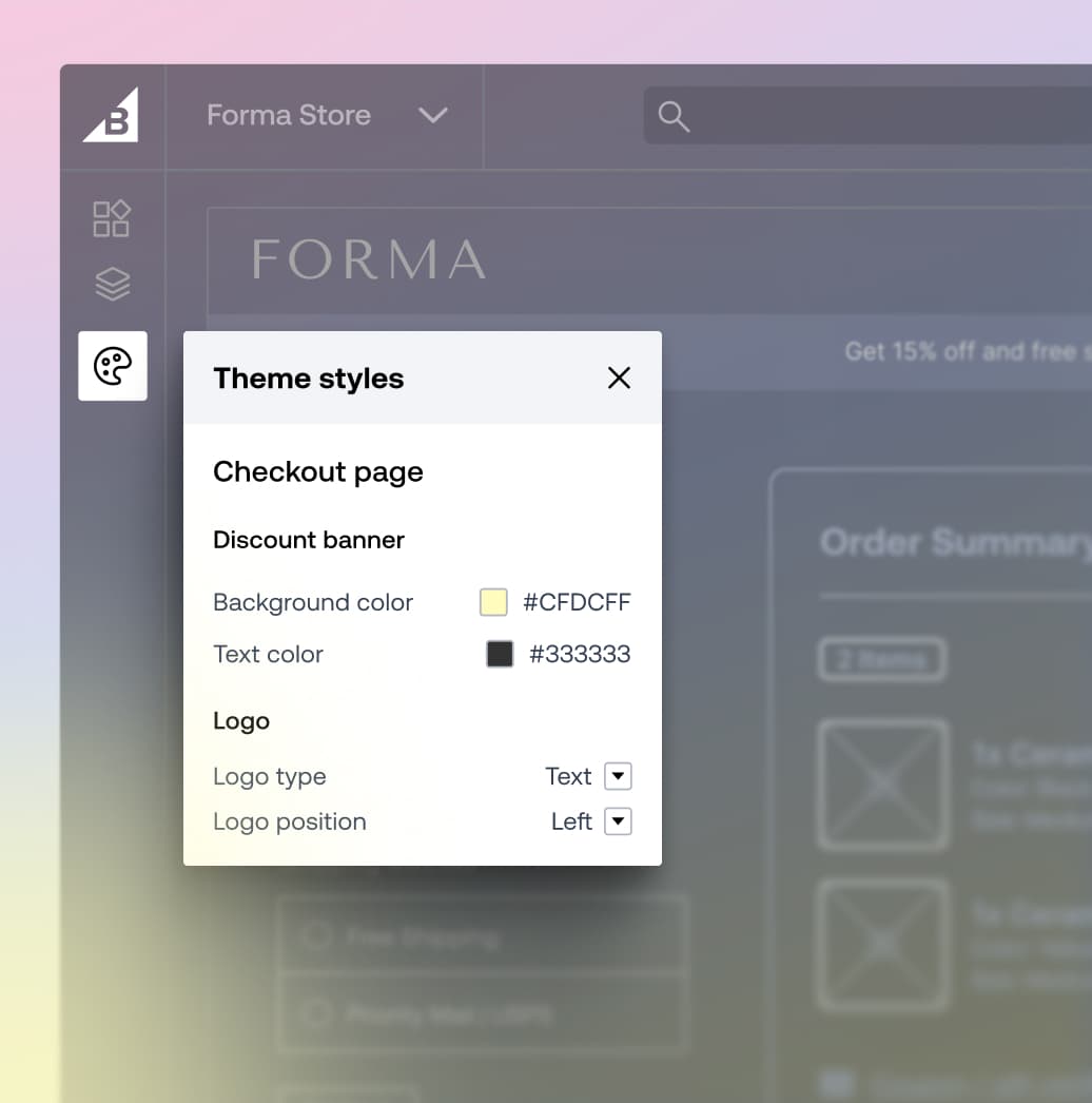 Contentful e-commerce theme style settings showing background and text color options for a checkout page menu.