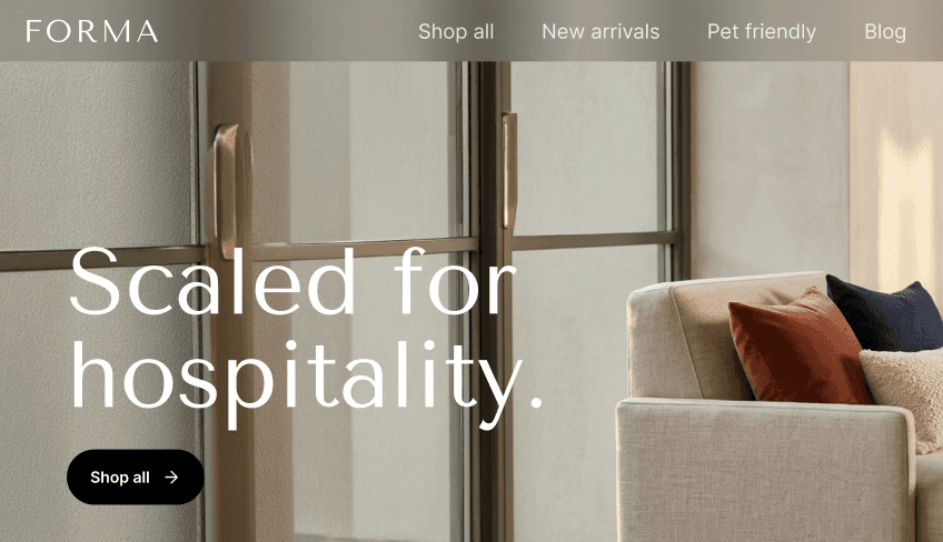 Forma-webside-herobanner med teksten «Scaled for hospitality» og «Kjøp alle»-knapp.