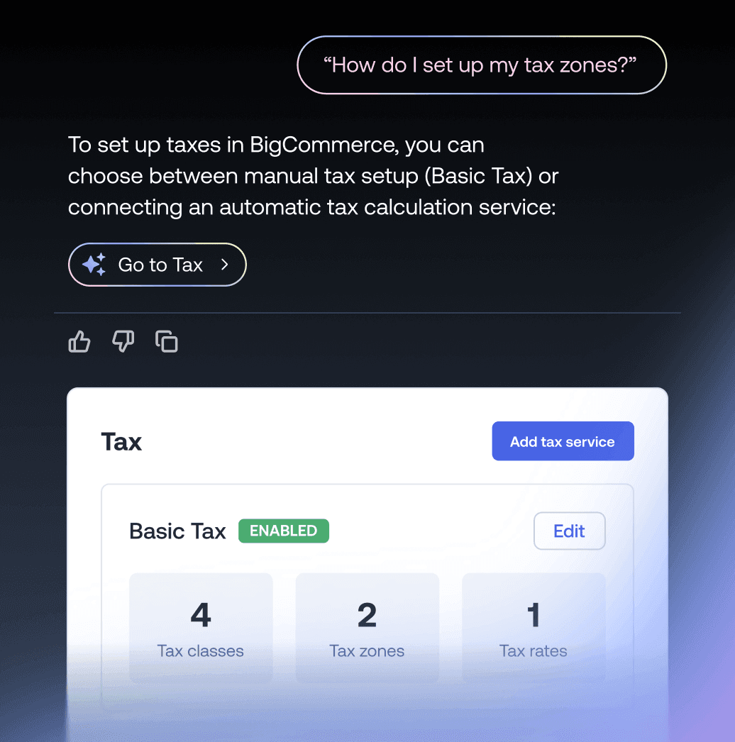 Chattskjermbilde for BigCommerce-avgiftsoppsett som viser grunnleggende avgiftskonfigurasjon med avgiftsklasser og soner
